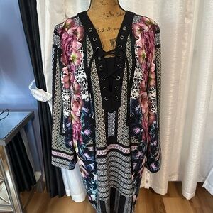 ANTONIO MELANI Black and Purple Long Sleeve Bishop Sleeve V-Neck Dress